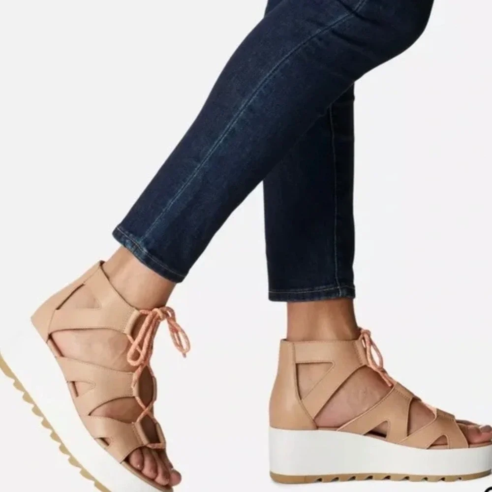 Sorel Tan Cameron Platform Lace Wedge‎ Leather Sandal Women's 9.5